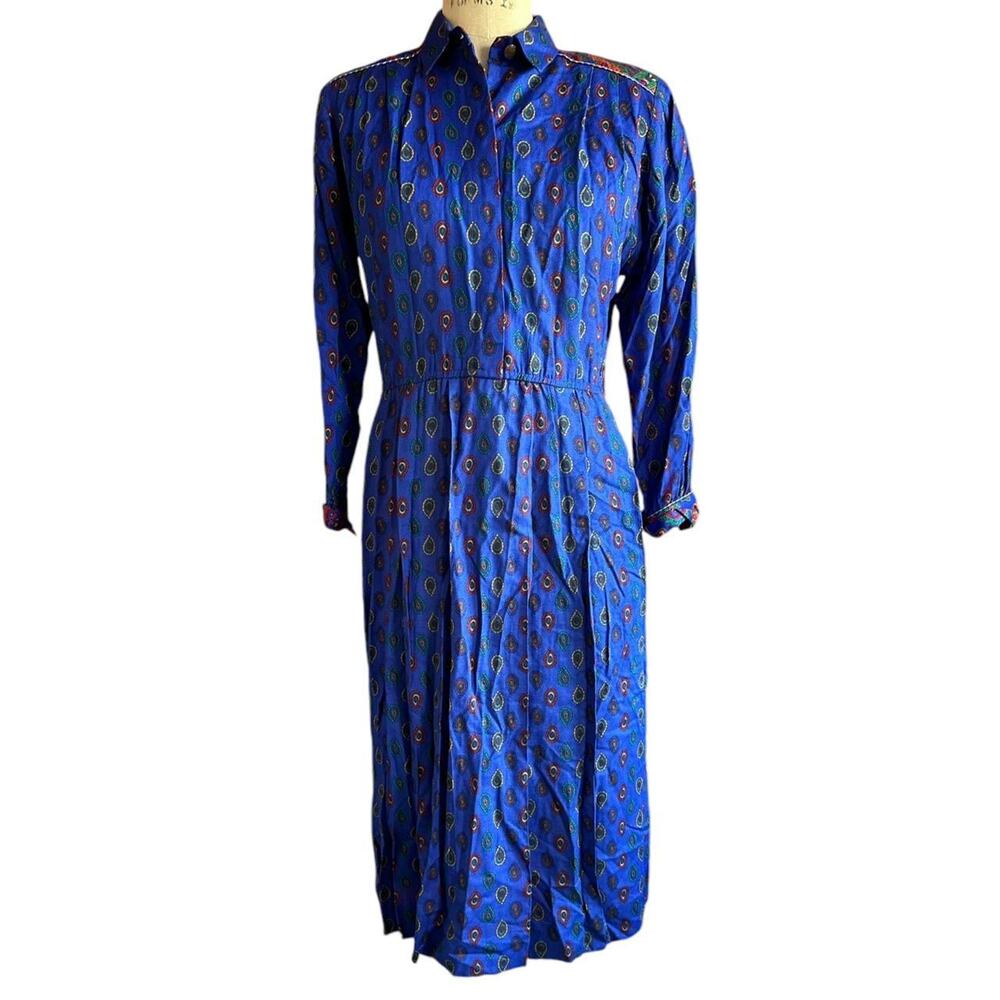 Vintage Dress Womens Size 8P Blue Paisley Collar Long Sleeve Retro Abstract
